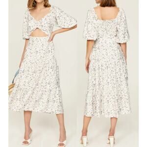 MINKPINK Hailey Floral Puff Sleeve Cutout Midi Dress White Purple XL